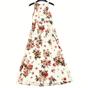 Low Shrink Sleeveless Floral Print Maxi Dress Women Round Neck Waisted A Line Long Vacation Dress 4