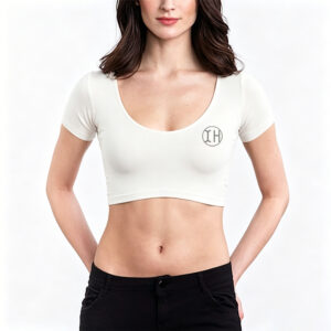 Low Shrink Modal Scoop Neck Crop Top Women, Short Sleeve Fitted Basic Undershirt Minimal Logo Slim Cropped T-Shirt 4