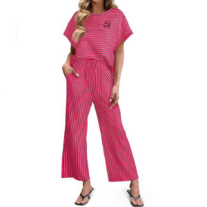 Low Shrink Striped Two Piece Outfit Women Batwing Short Sleeve Top High Waist Wide Leg Crop Pants Loungewear Set With Pockets Custom Logo 5