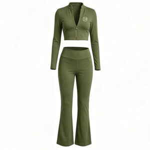 Low Shrink Ribbed Knit Women 2 Piece Outfit, Zip Cropped Long Sleeve Top & High Waist Flare Pants Skinny Loungewear Custom Logo 5