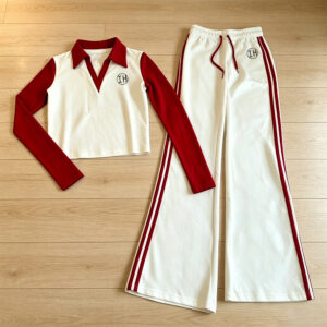 Low Shrink Cotton Spandex Women Tracksuit 2 Piece Outfit, Color Block Polo Crop Top Side Stripe Flare Pants Skinny Sport Set Custom Logo 5
