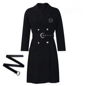 Low Shrink Stretch Blazer Shirt Dress, Women Double Breasted Lapel Suit Dress, 3/4 Sleeve Belted Waist Asymmetrical Pleated Midi Dress, Formal Office Dress 4 Colors Custom Logo Wholesale 5