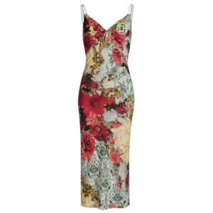 Low Shrink Vintage Floral Print Satin Midi Dress Women Double Spaghetti Strap V Neck Bodycon Slip Dress 5