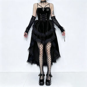 Low Shrink Velvet Gothic High Low Midi Dress Women Lace Trim Corset Lace Up Spaghetti Strap Dark Lolita Party Dress 5