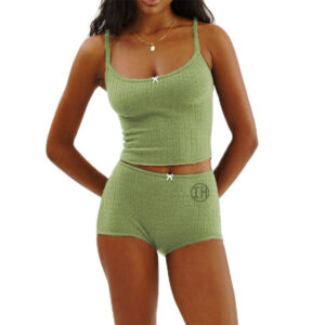 Low Shrink Eyelet Rib Knit Women Camisole Shorts Loungewear Set, Adjustable Strap Bow Crop Cami & High Waist Boy Shorts Soft Matching Sleep Pajamas 5