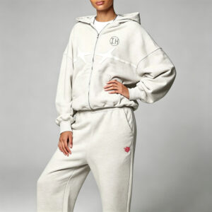 Low Shrink Regular Fit Knitted Tracksuit Women Zip Up Hoodie & Wide Leg Sweatpants 2 Piece Outfit Custom Logo 5