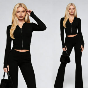 Low Shrink Rib Knit Women 2 Piece Outfit Hooded Zip Up Crop Top Flare Pants Sets Stretch Skinny Loungewear Custom Logo Activewear 6