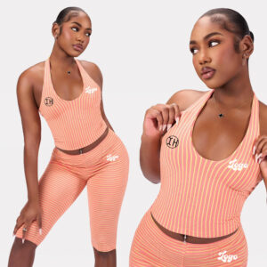Low Shrink Striped Rib Knit Women 2 Piece Outfit, Halter Crop Top & Biker Shorts Skinny Tracksuit Custom Logo 6
