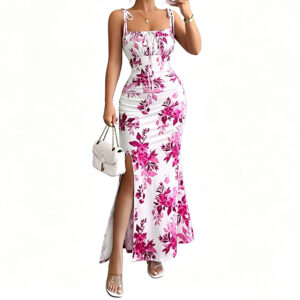 Low Shrink Polyester Cotton Blend Floral Midi Mermaid Dress Women Tie Strap Square Neck Side Slit Bodycon Long Dress 6