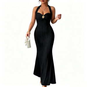 Low‑Shrink Textured Halter Mermaid Maxi Dress Women Metal Flower Decor Bodycon Evening Party Long Dress 6