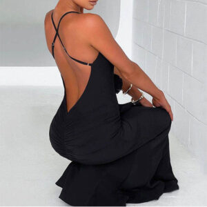 Low Shrink Spandex Maxi Mermaid Dress Women Deep V Halter Backless Cross Strap 3D Rose Ruffle Bodycon Evening Party Long Dress 7