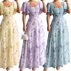 Women Elegant Square Neck Flutter Short Sleeve Floral Maxi Dress, Front Ruched High Waist Flowy Long Chiffon Dress for Wedding Guest Brunch Summer Vacation