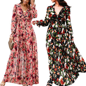 Women Boho Floral V‑Neck Long Flare Sleeve Tiered Maxi Dress, Elastic High Waist Flowy Chiffon Long Dress for Wedding Guest Holiday Daily