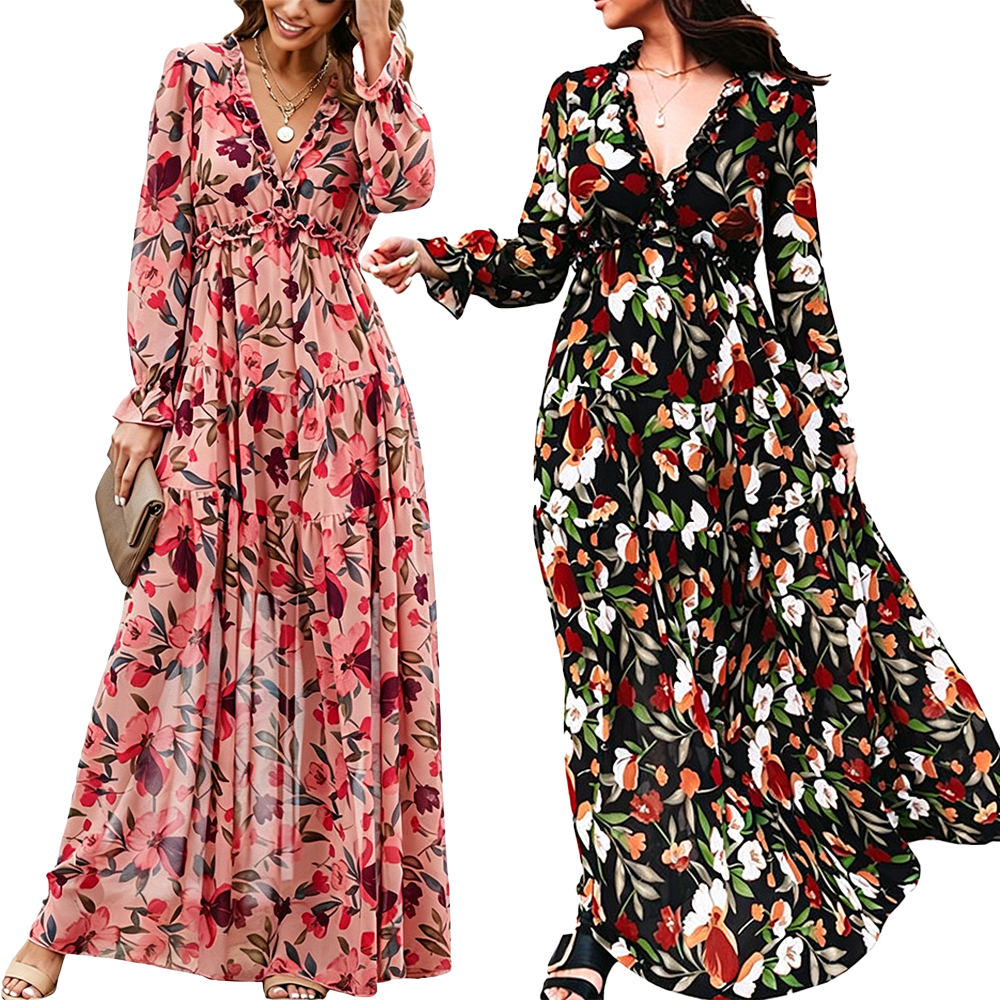 Women Boho Floral V‑Neck Long Flare Sleeve Tiered Maxi Dress, Elastic High Waist Flowy Chiffon Long Dress for Wedding Guest Holiday Daily